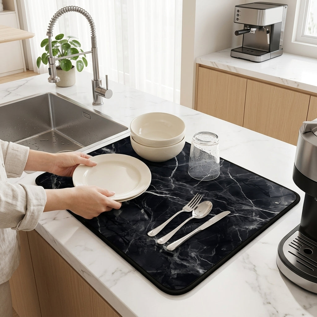 Tappetino Assorbente Scolapiatti con Motivo Marmo Moderno | Qirevon