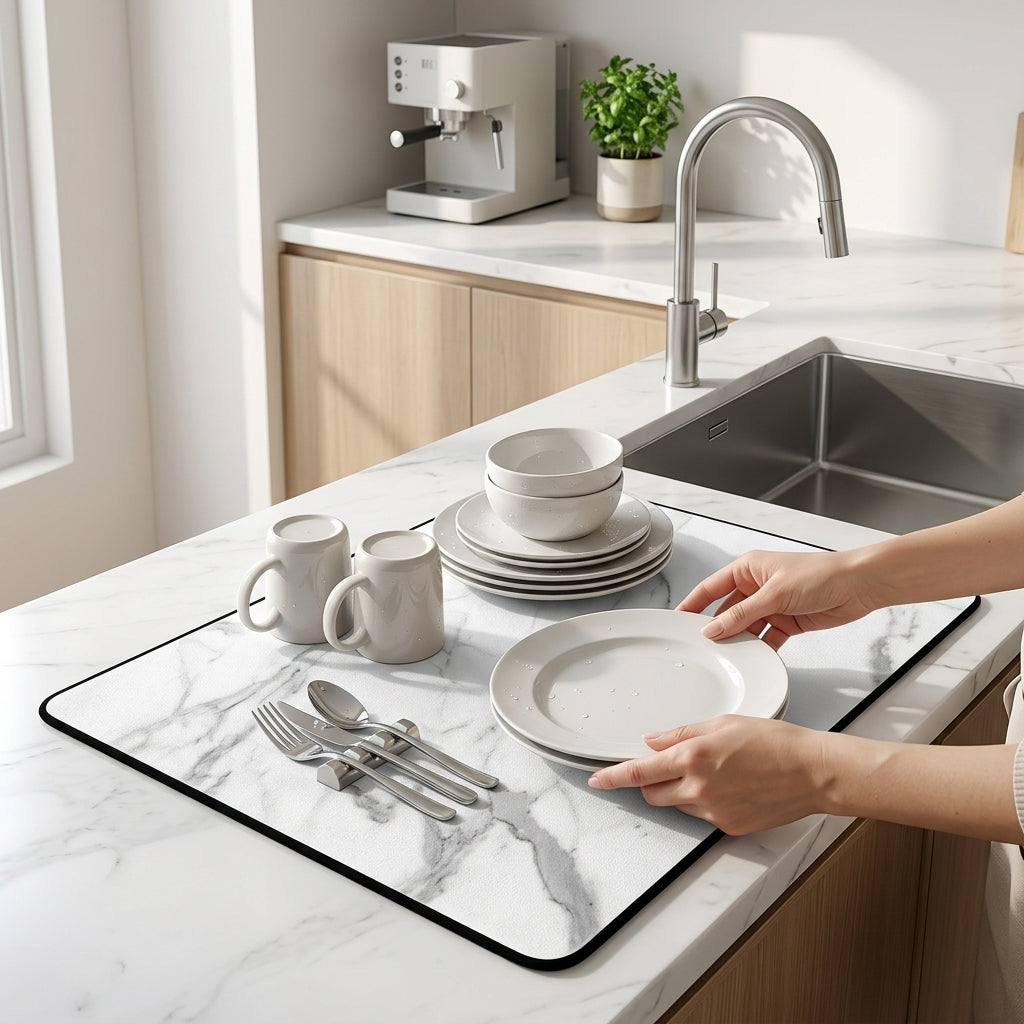 Tappetino Assorbente Scolapiatti con Motivo Marmo Moderno | Qirevon
