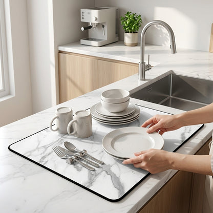 Tappetino Assorbente Scolapiatti con Motivo Marmo Moderno | Qirevon
