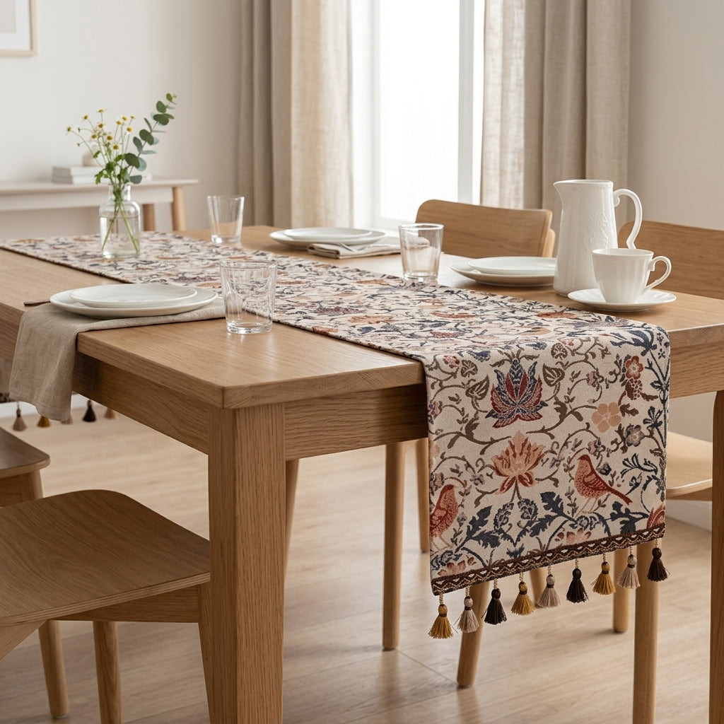 Runner da Tavola Jacquard Floreale con Eleganti Frange Decorative | Xavirel