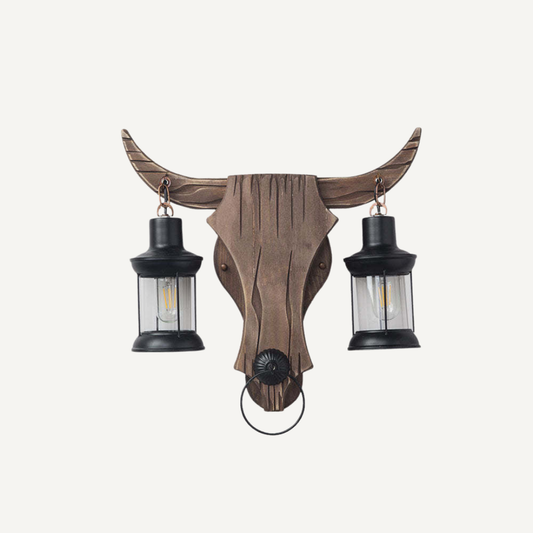Lampada Da Parete Vintage A Forma Di Toro Con Due Teste In Legno Metallo | Corallina