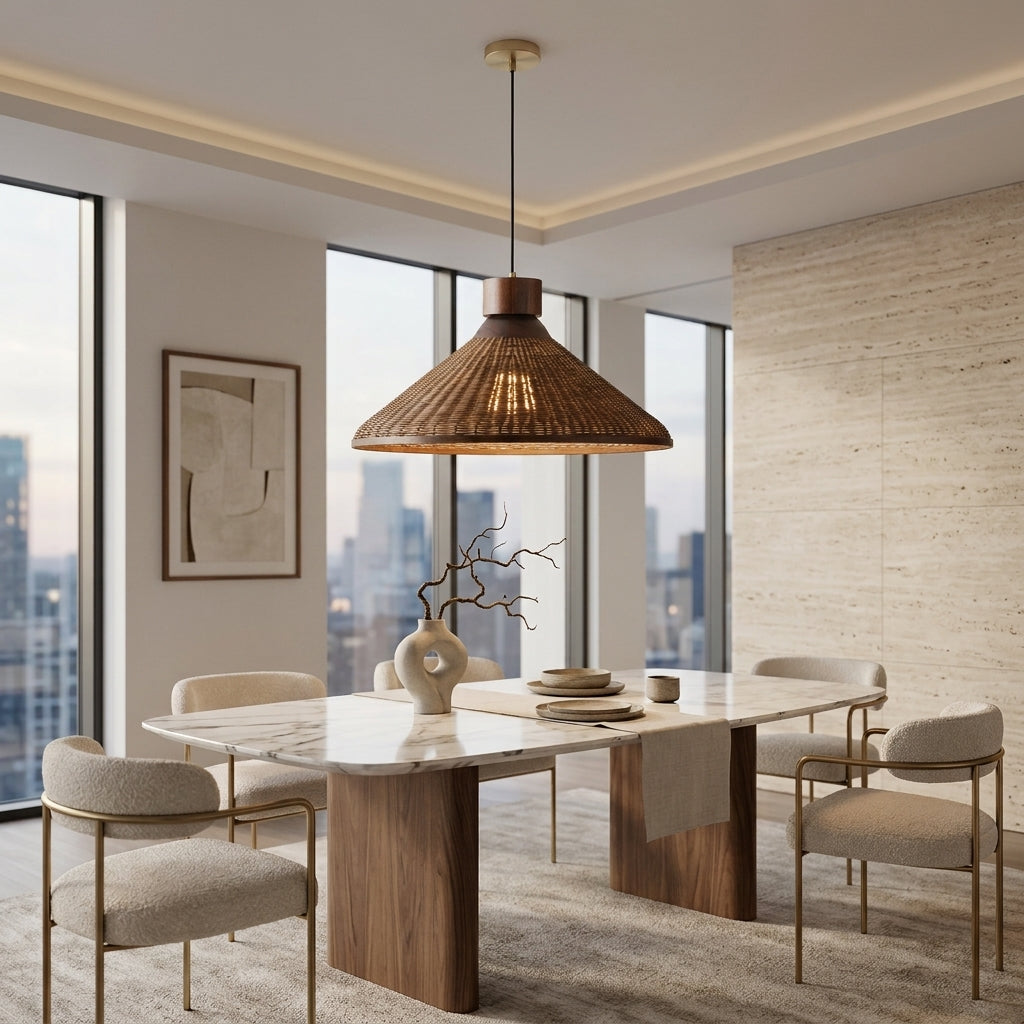 Lampada a sospensione LED in rattan con design retrò e forma conica | Cielodoro