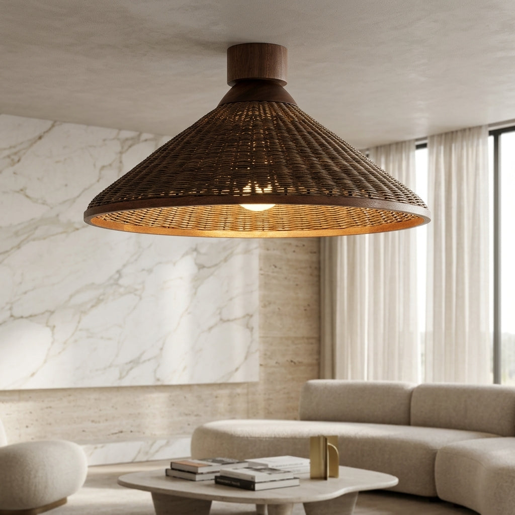 Lampada a sospensione LED in rattan con design retrò e forma conica | Cielodoro