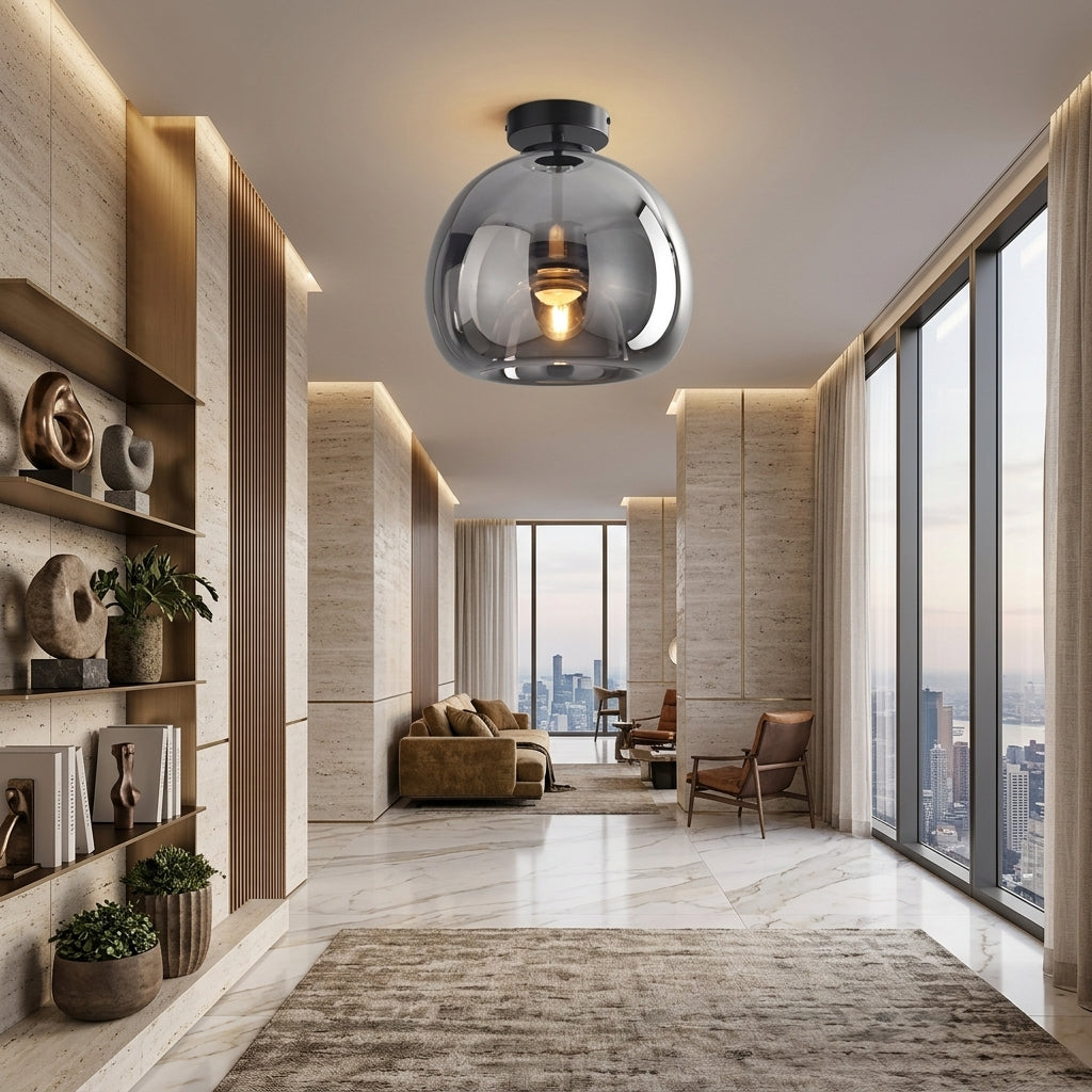 Lampada In Vetro A Sospensione Semi Plafoniera Con Struttura Metallica E Design A Calice Rovesciato | Chiaravilla