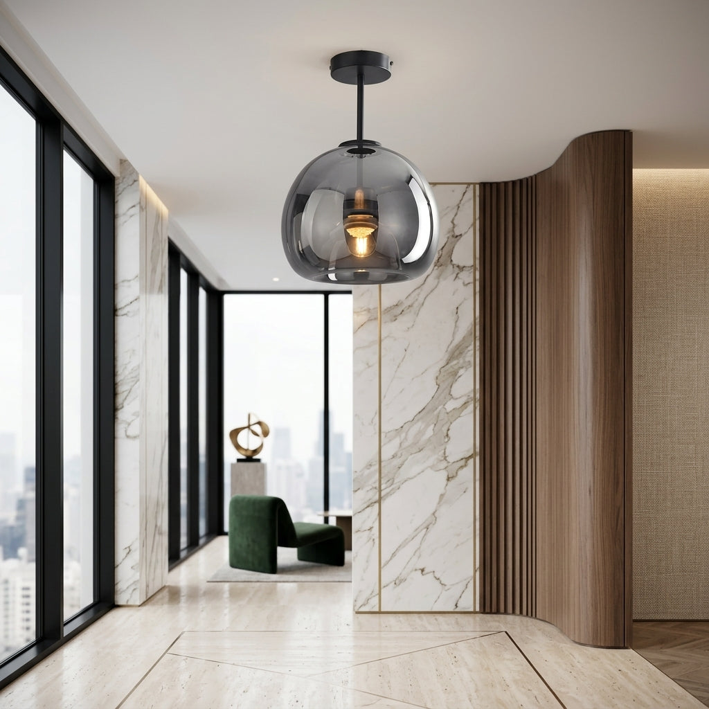 Lampada In Vetro A Sospensione Semi Plafoniera Con Struttura Metallica E Design A Calice Rovesciato | Chiaravilla