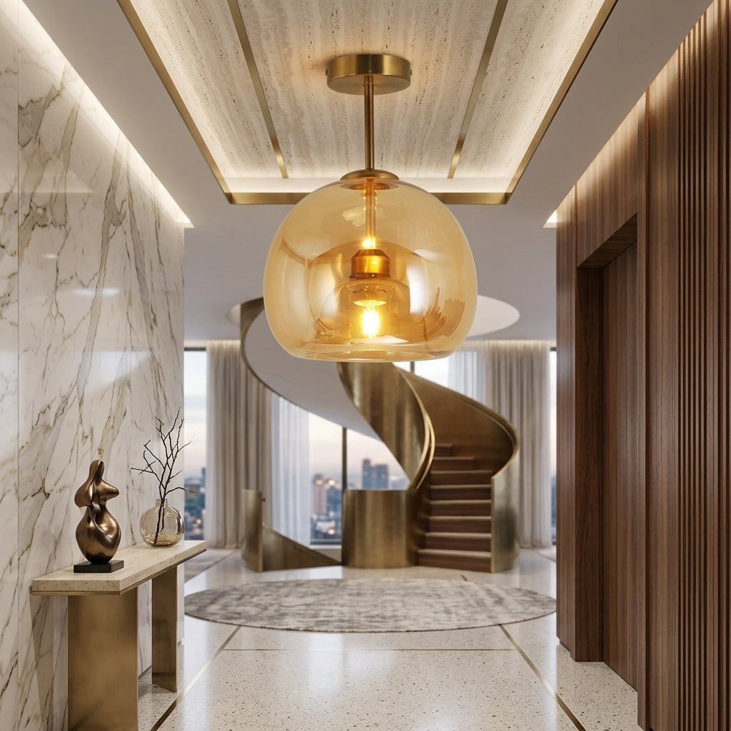 Lampada In Vetro A Sospensione Semi Plafoniera Con Struttura Metallica E Design A Calice Rovesciato | Chiaravilla