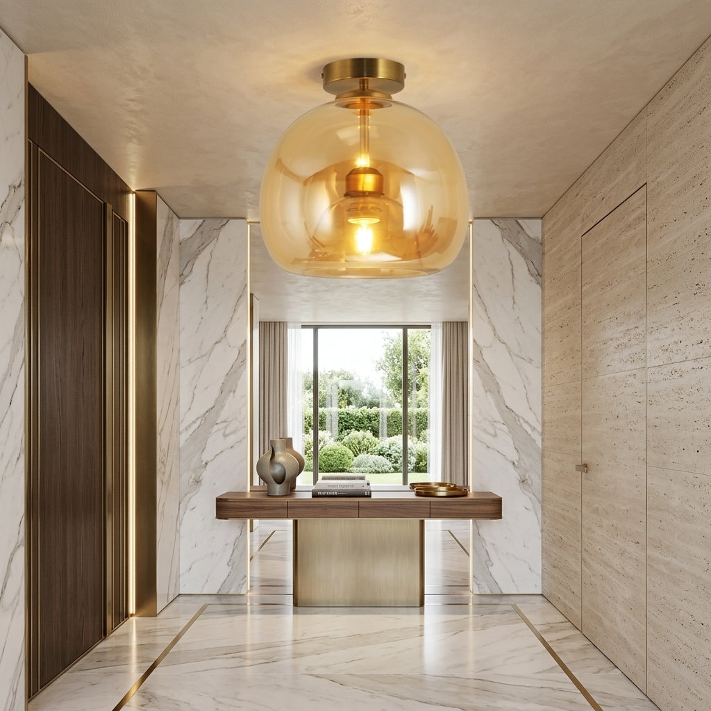 Lampada In Vetro A Sospensione Semi Plafoniera Con Struttura Metallica E Design A Calice Rovesciato | Chiaravilla