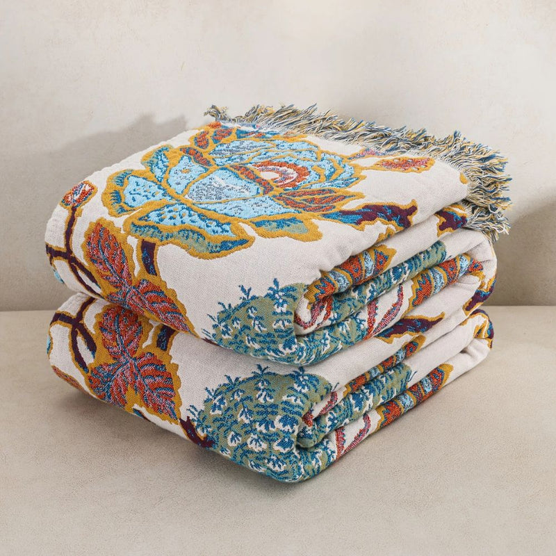 Coperta Decorativa Floreale in Cotone con Frange per Divano | Brivalio