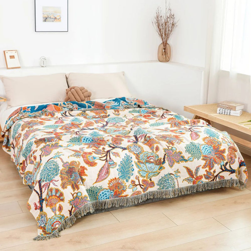 Coperta Decorativa Floreale in Cotone con Frange per Divano | Brivalio