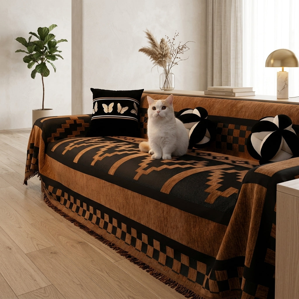 Copridivano Decorativo Geometrico Antiscivolo con Frange per Divano | Valerosta