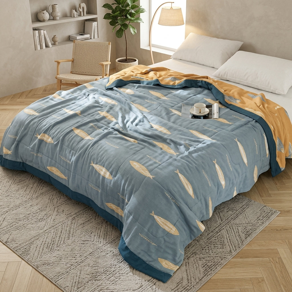 Coperta Estiva Reversibile con Motivo Pesci | Marivelle