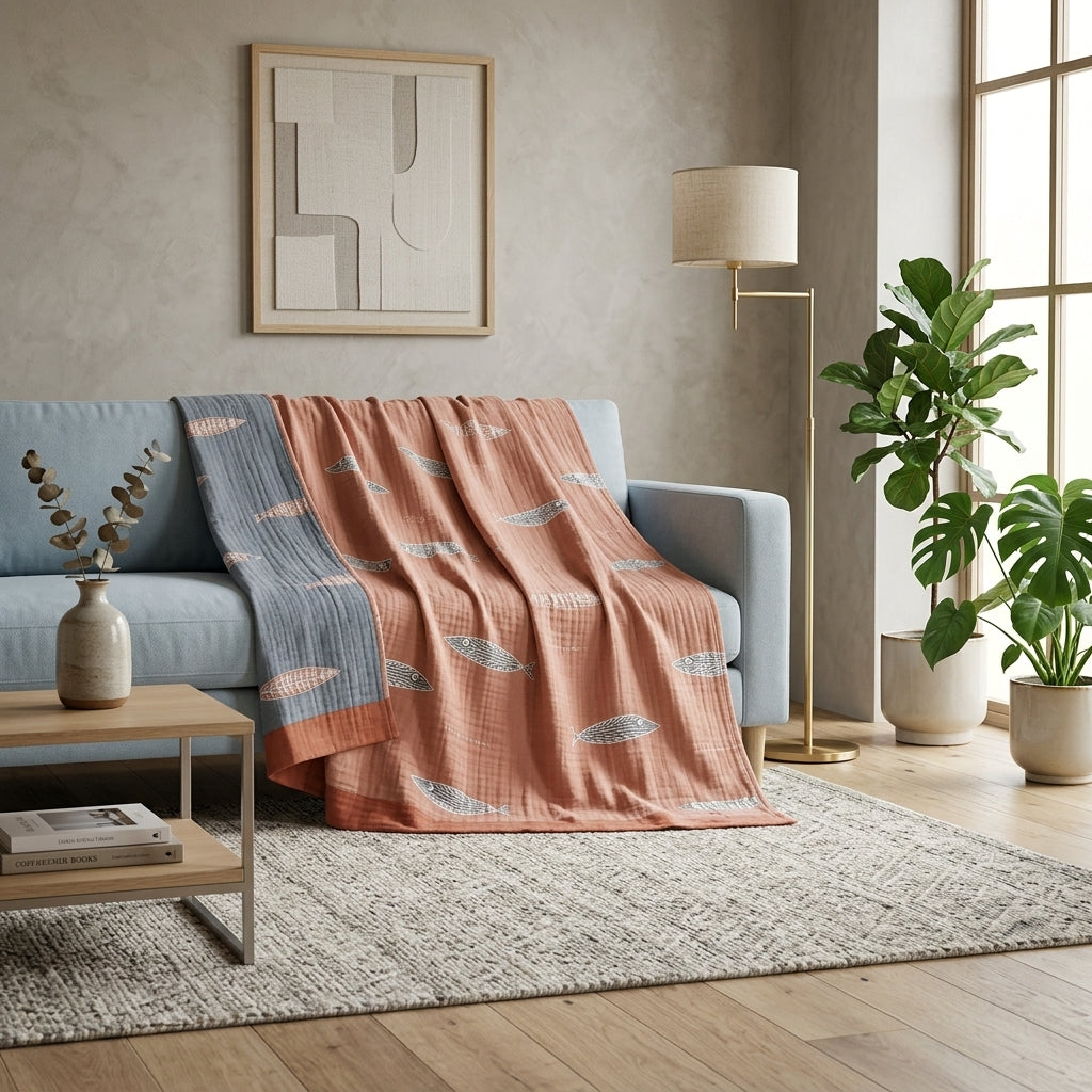 Coperta Estiva Reversibile con Motivo Pesci | Marivelle