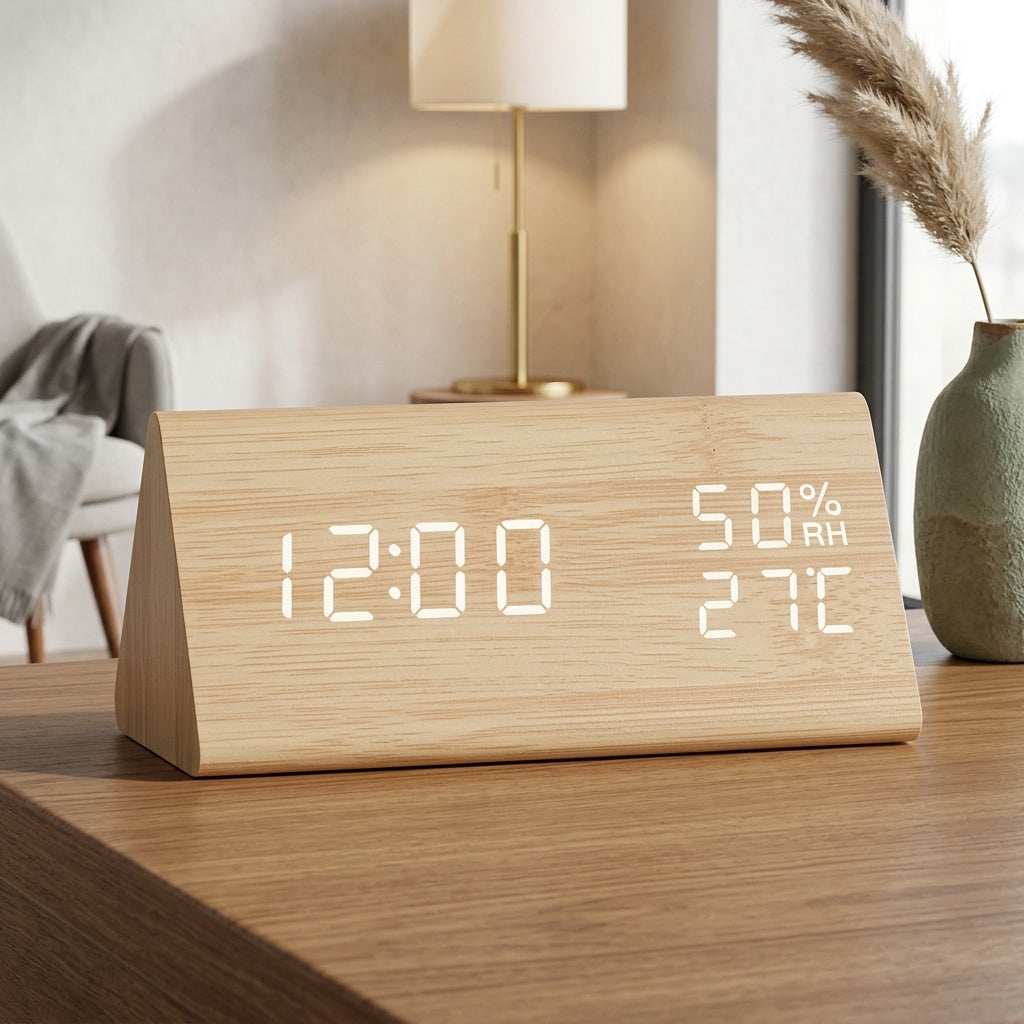 Sveglia LED Digitale Effetto Legno Triangolare Moderna | Vallafiore