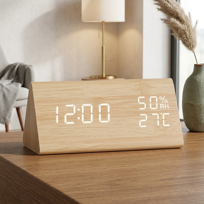 Sveglia LED Digitale Effetto Legno Triangolare Moderna | Vallafiore