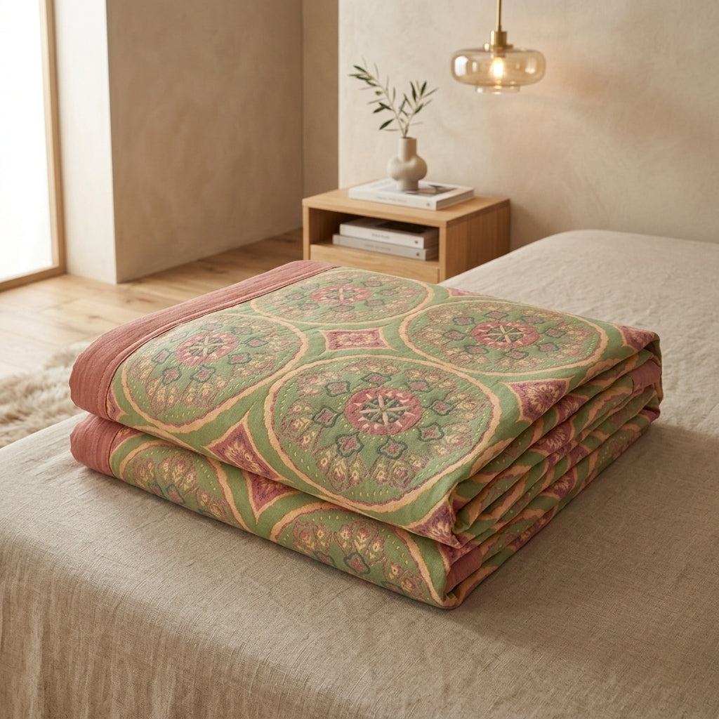Coperta Estiva Reversibile Cotone Foglie Ginkgo Elegante | Montelina