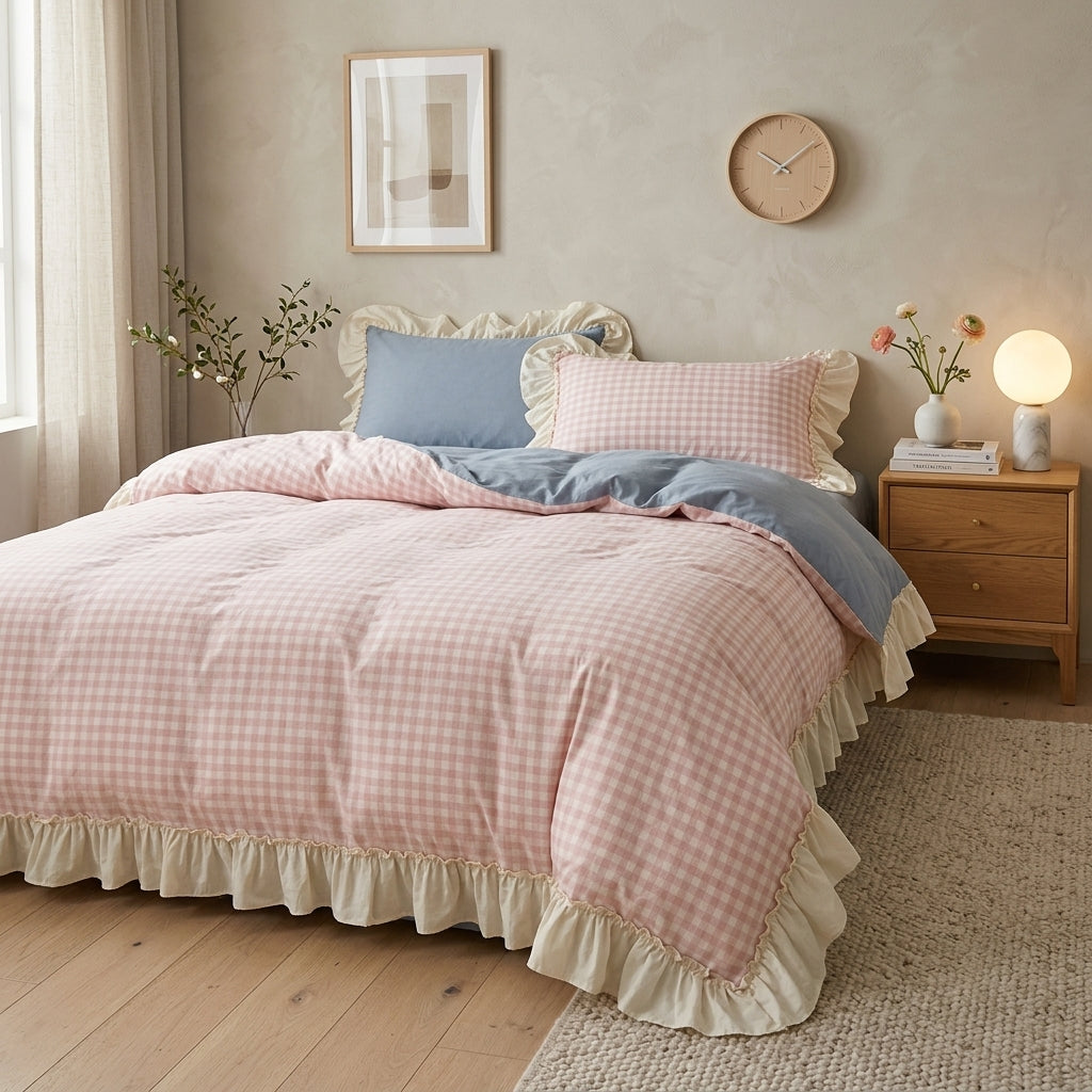 Completo Biancheria Letto Quadri Vichy con Bordi Arricciati | Casalieta