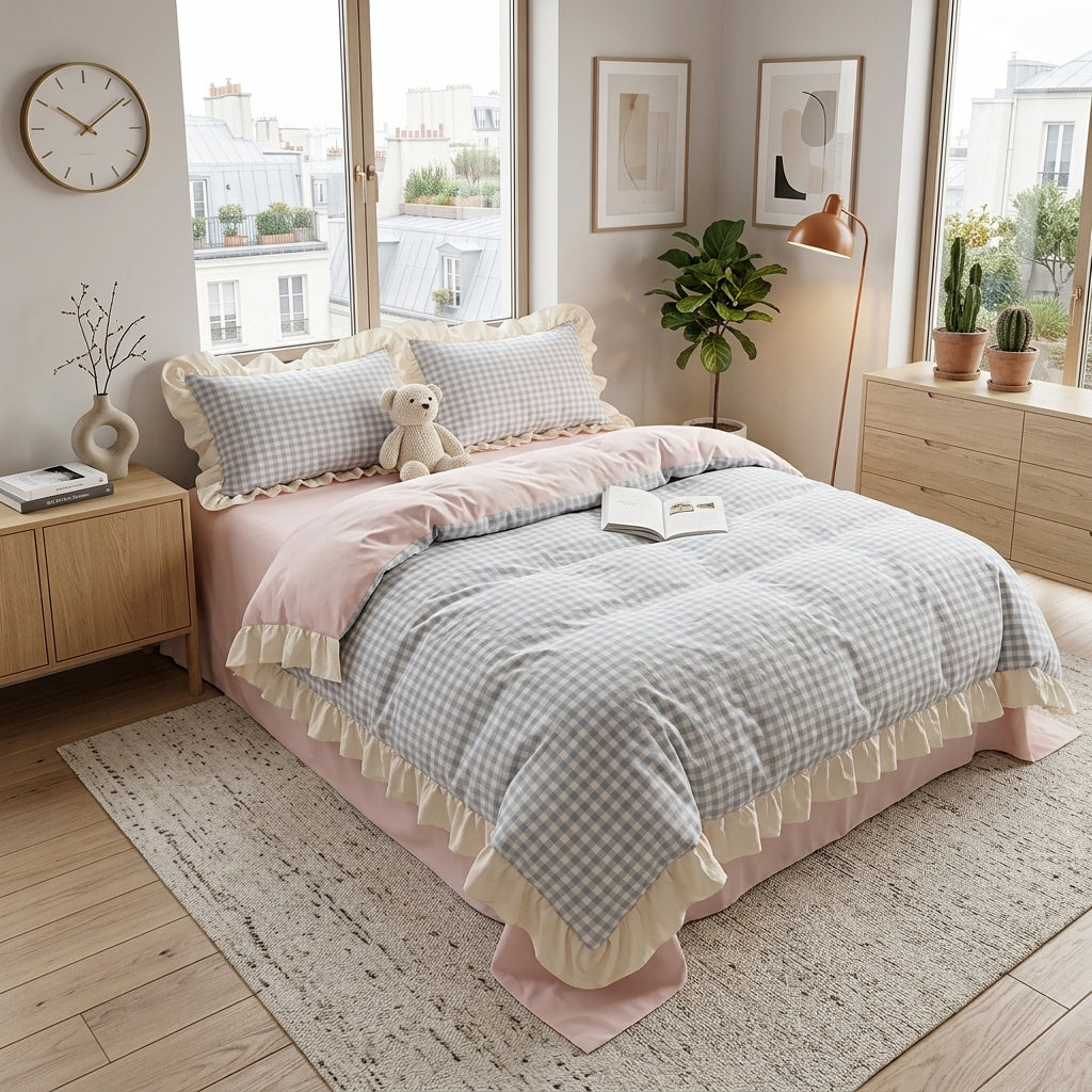 Completo Biancheria Letto Quadri Vichy con Bordi Arricciati | Casalieta