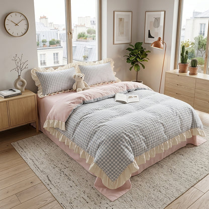 Completo Biancheria Letto Quadri Vichy con Bordi Arricciati | Casalieta