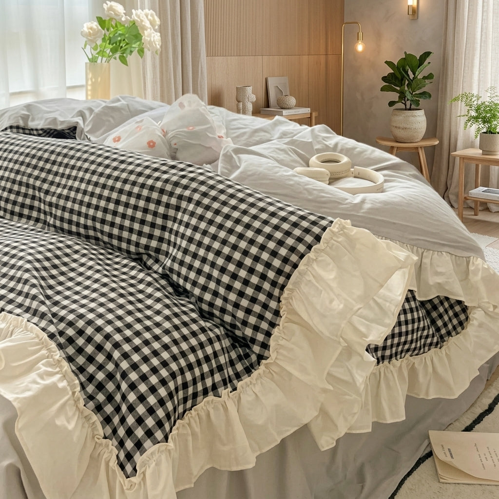 Completo Biancheria Letto Quadri Vichy con Bordi Arricciati | Casalieta