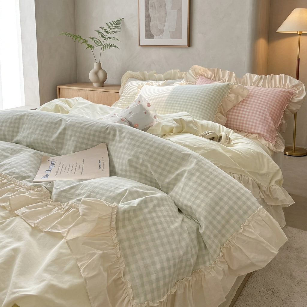 Completo Biancheria Letto Quadri Vichy con Bordi Arricciati | Casalieta