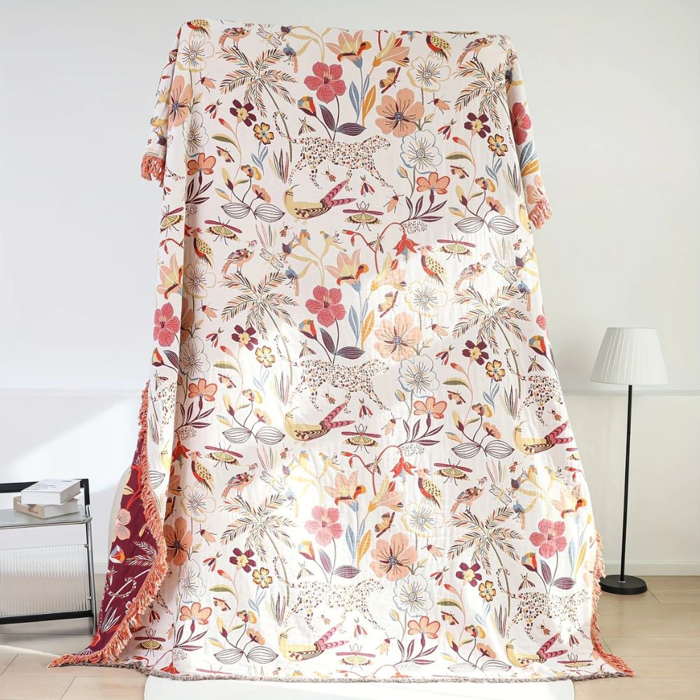 Coperta Reversibile Botanica con Fiori e Giungla in Cotone | Casastella