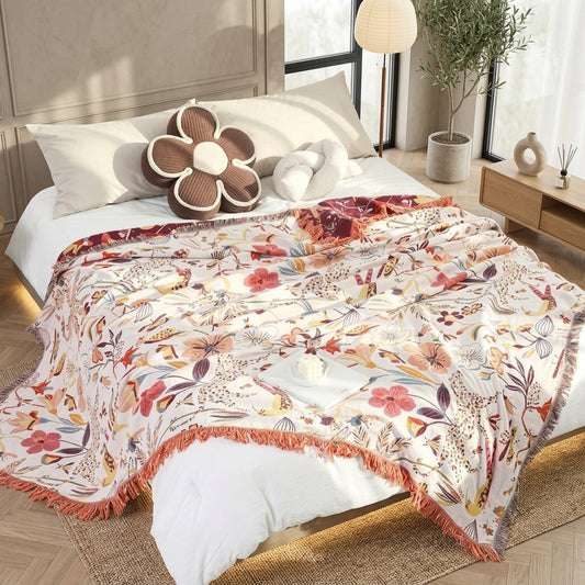 Coperta Reversibile Botanica con Fiori e Giungla in Cotone | Casastella