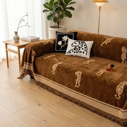 Safari Tigre Copridivano Reversibile Chenille Frange Decorativo | Vallacalma