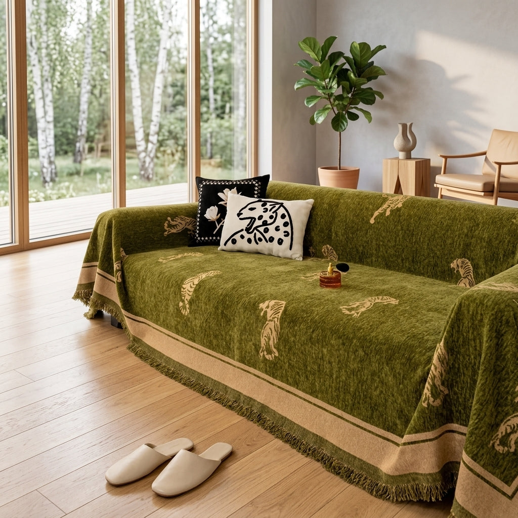 Safari Tigre Copridivano Reversibile Chenille Frange Decorativo | Vallacalma