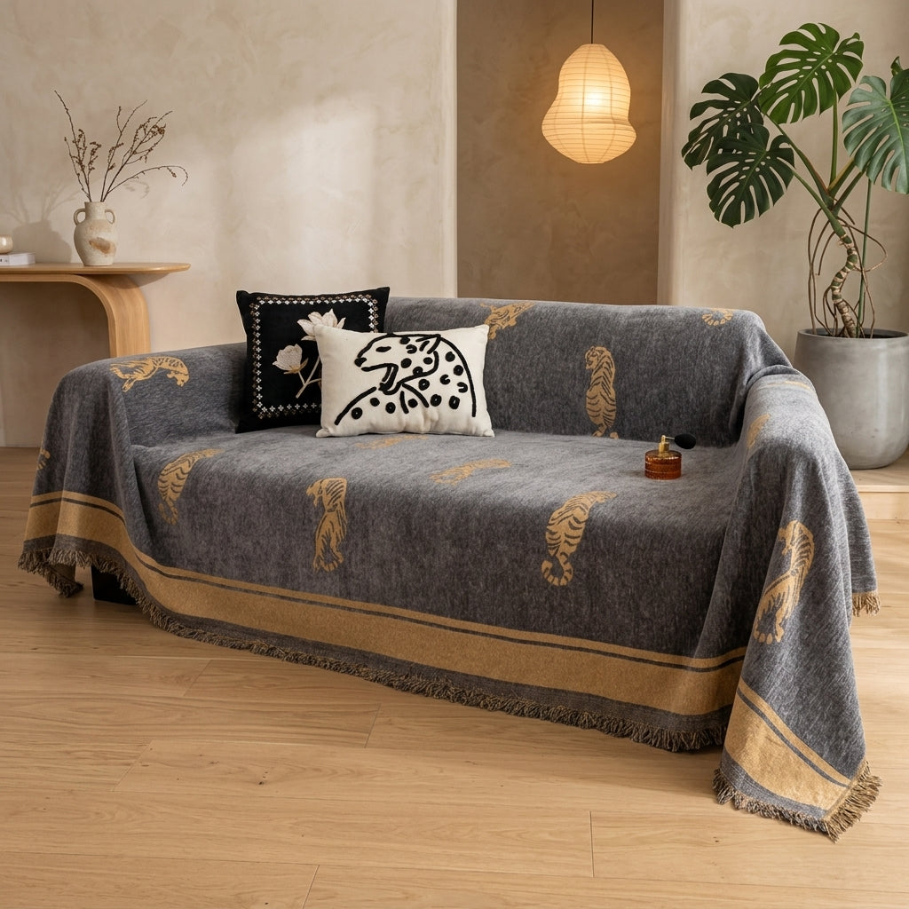 Safari Tigre Copridivano Reversibile Chenille Frange Decorativo | Vallacalma