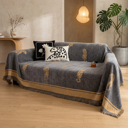Safari Tigre Copridivano Reversibile Chenille Frange Decorativo | Vallacalma