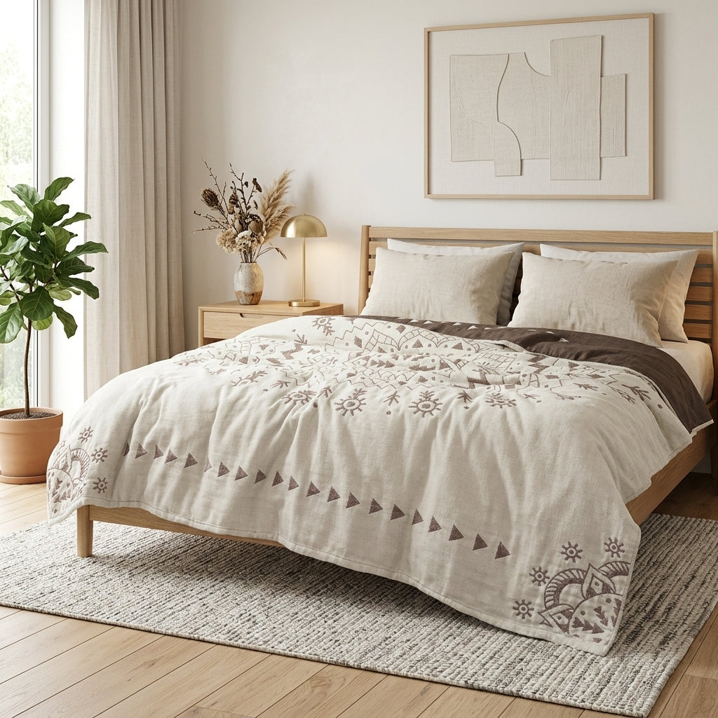 Mandala Floreale Coperta Reversibile Cotone Morbida Decorativa | Casalumea