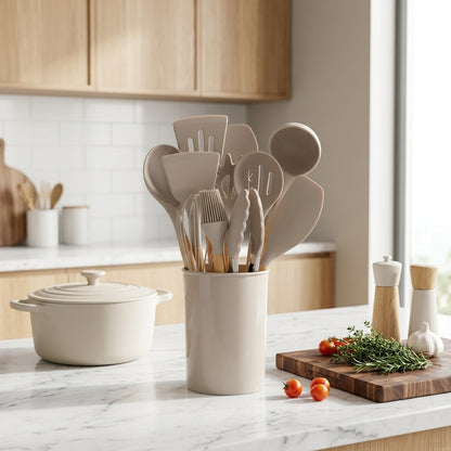 Set Utensili da Cucina in Silicone 12 Pezzi con Manici in Bambù | Arbellina