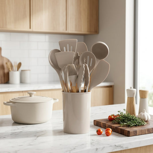 Set Utensili da Cucina in Silicone 12 Pezzi con Manici in Bambù | Arbellina