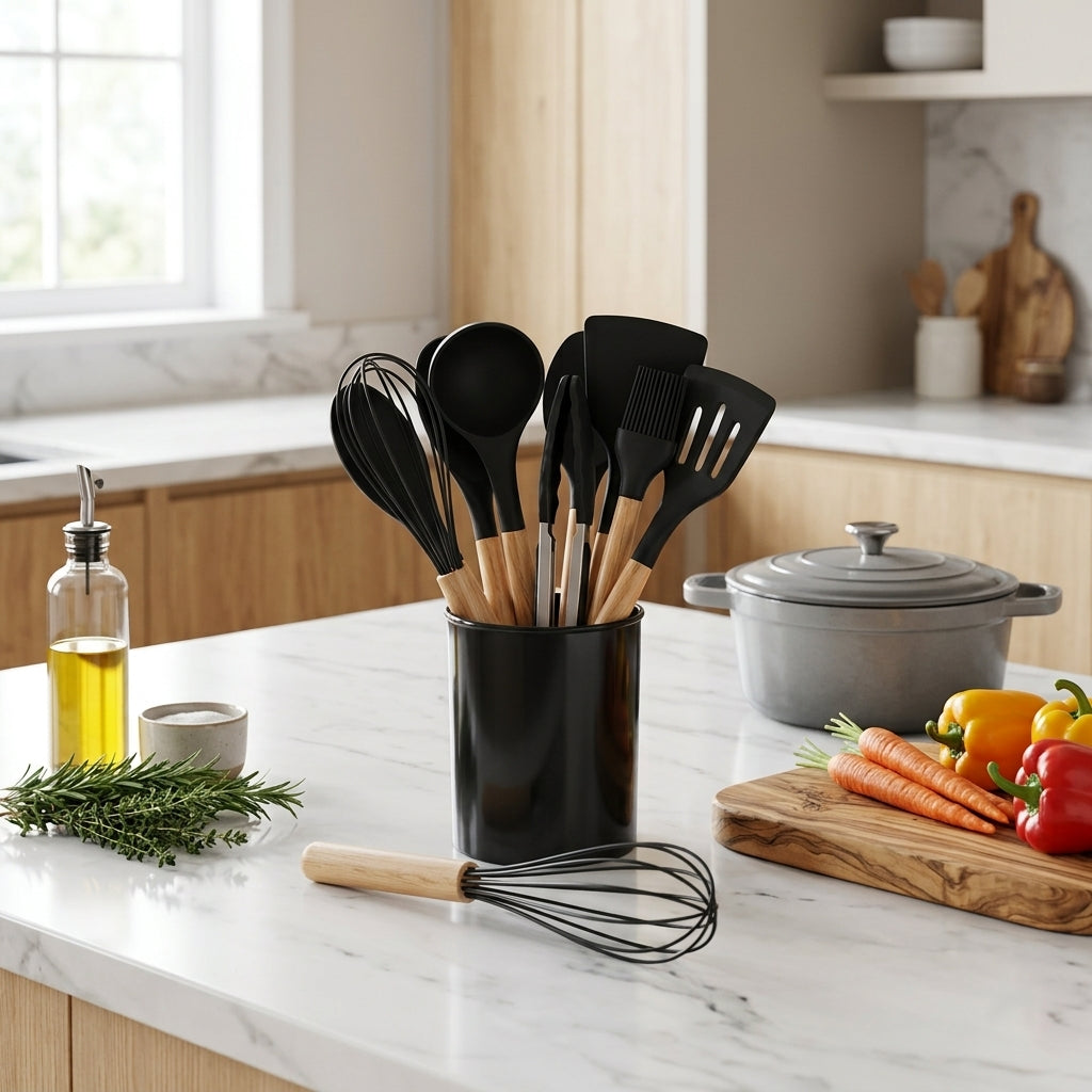 Set Utensili da Cucina in Silicone 12 Pezzi con Manici in Bambù | Arbellina