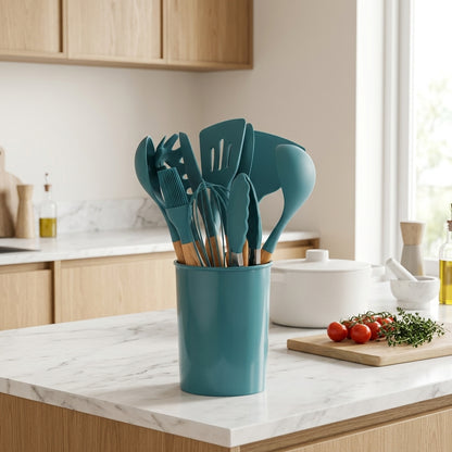 Set Utensili da Cucina in Silicone 12 Pezzi con Manici in Bambù | Arbellina