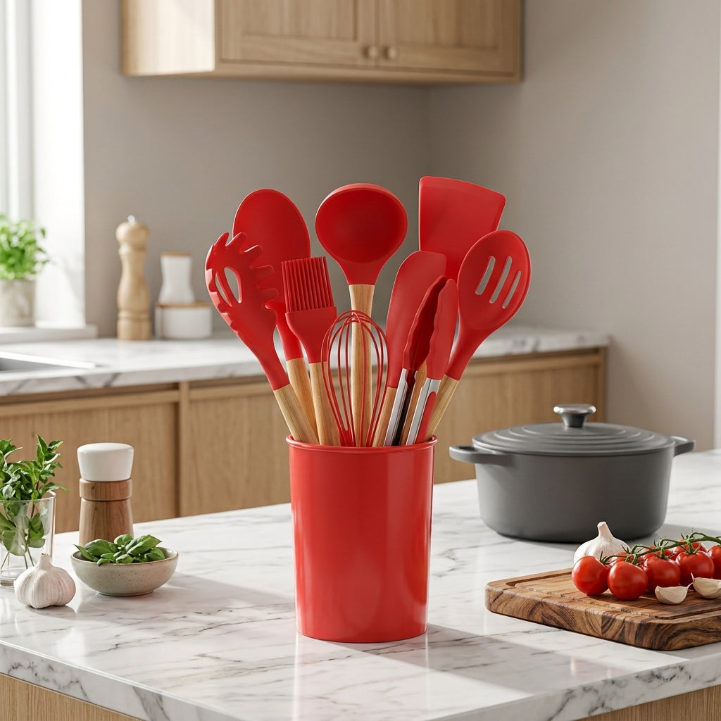 Set Utensili da Cucina in Silicone 12 Pezzi con Manici in Bambù | Arbellina