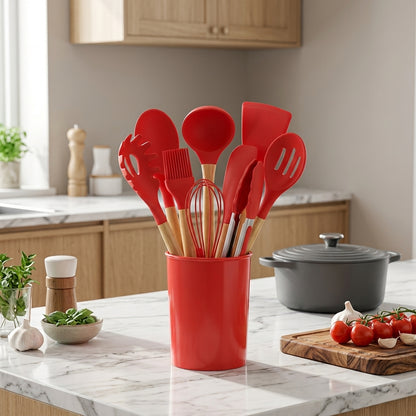 Set Utensili da Cucina in Silicone 12 Pezzi con Manici in Bambù | Arbellina