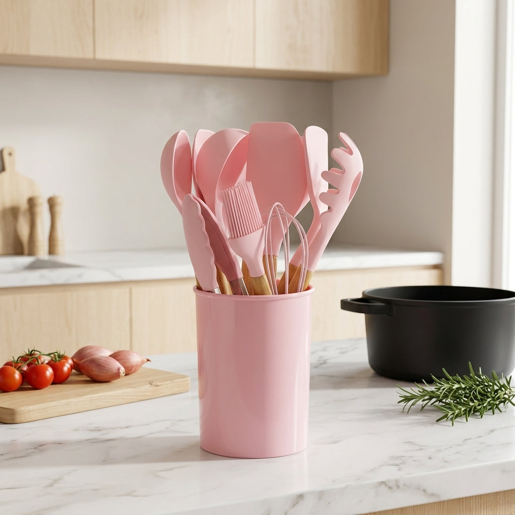Set Utensili da Cucina in Silicone 12 Pezzi con Manici in Bambù | Arbellina