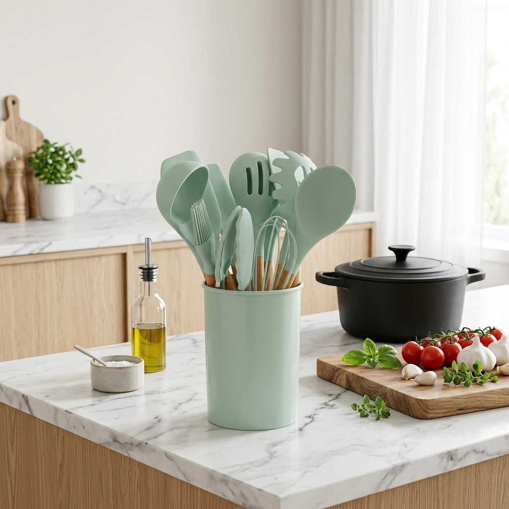 Set Utensili da Cucina in Silicone 12 Pezzi con Manici in Bambù | Arbellina