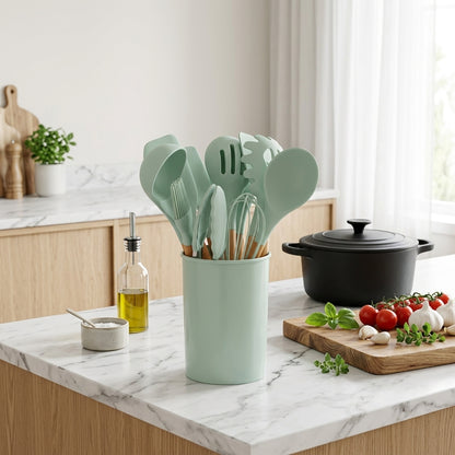Set Utensili da Cucina in Silicone 12 Pezzi con Manici in Bambù | Arbellina