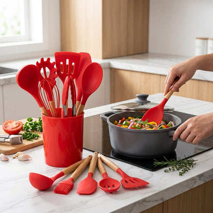 Set Utensili da Cucina in Silicone 12 Pezzi con Manici in Bambù | Arbellina