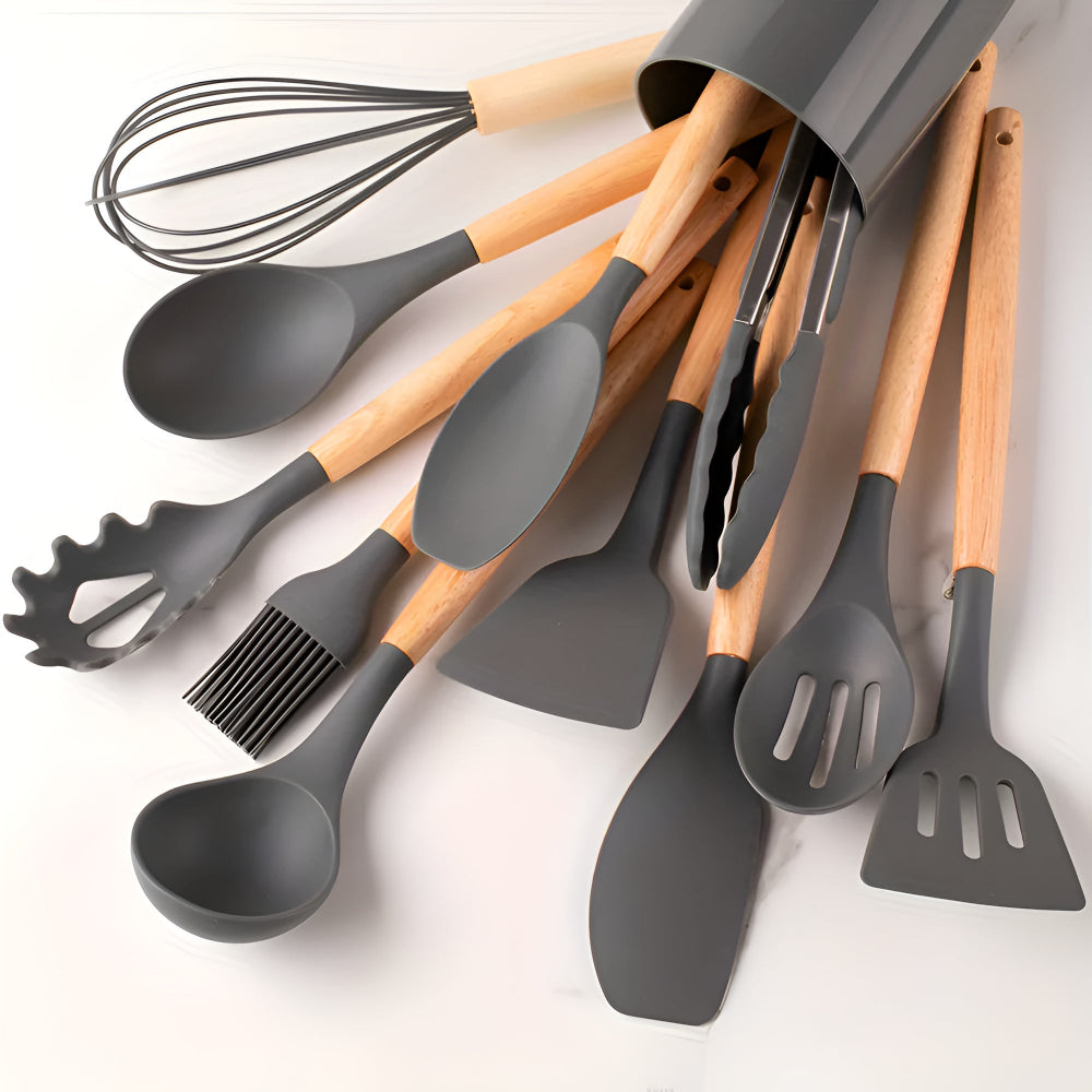 Set Utensili da Cucina in Silicone 12 Pezzi con Manici in Bambù | Arbellina