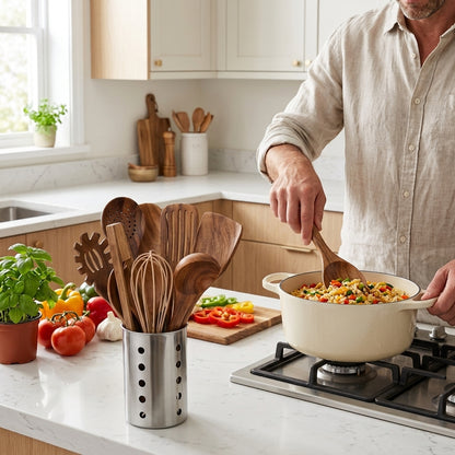 Set Cucina 11 Pezzi in Legno Teak con Porta Utensili | Auravento