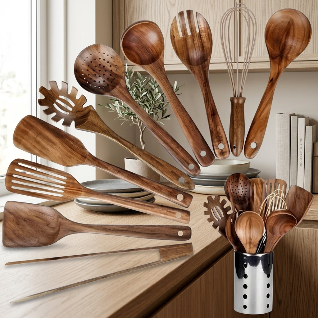 Set Cucina 11 Pezzi in Legno Teak con Porta Utensili | Auravento