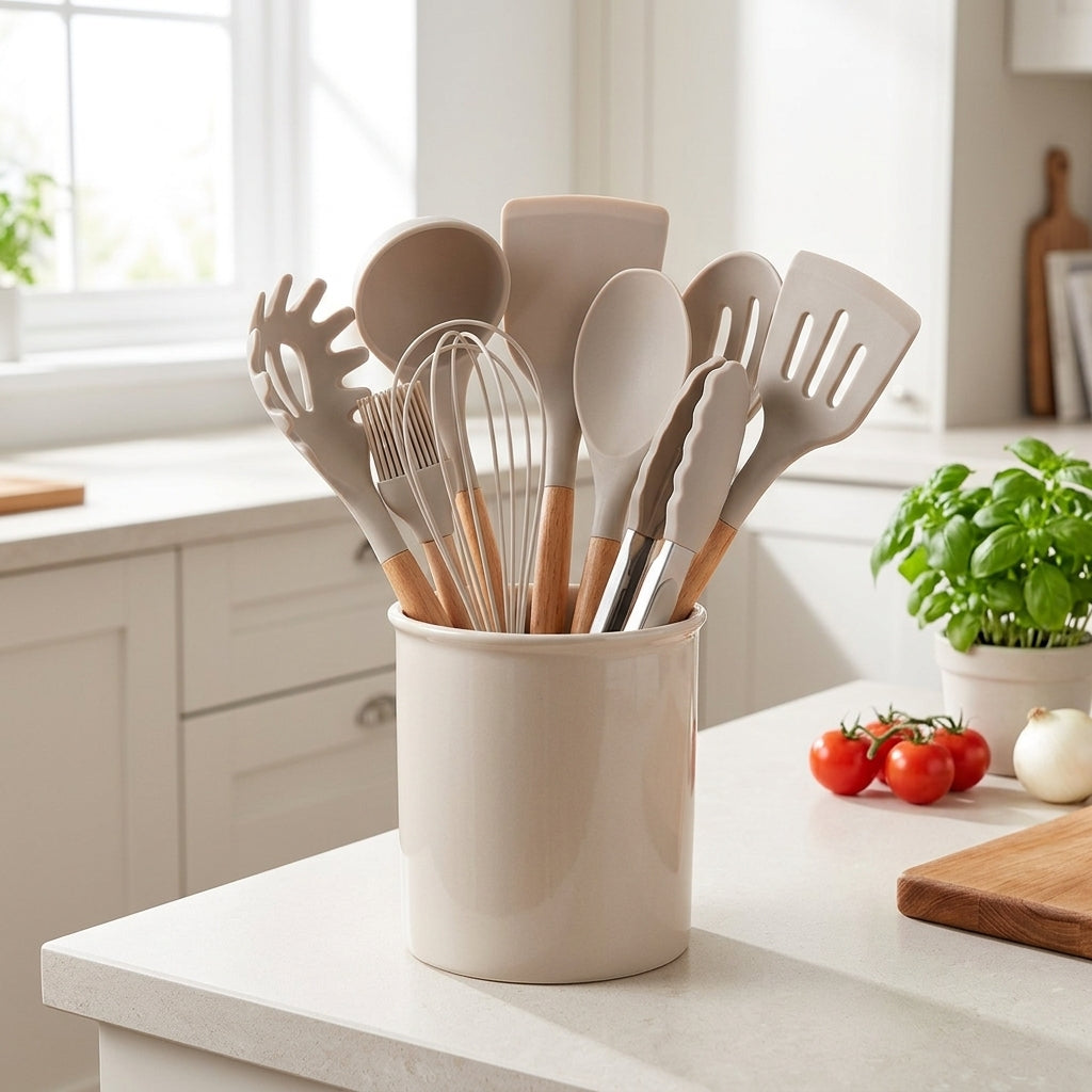 Set 12 Pezzi Utensili da Cucina Silicone Manici in Legno Resistenti al Calore | Camporosa