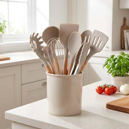 Set 12 Pezzi Utensili da Cucina Silicone Manici in Legno Resistenti al Calore | Camporosa