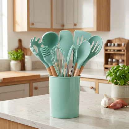 Set 12 Pezzi Utensili da Cucina Silicone Manici in Legno Resistenti al Calore | Camporosa