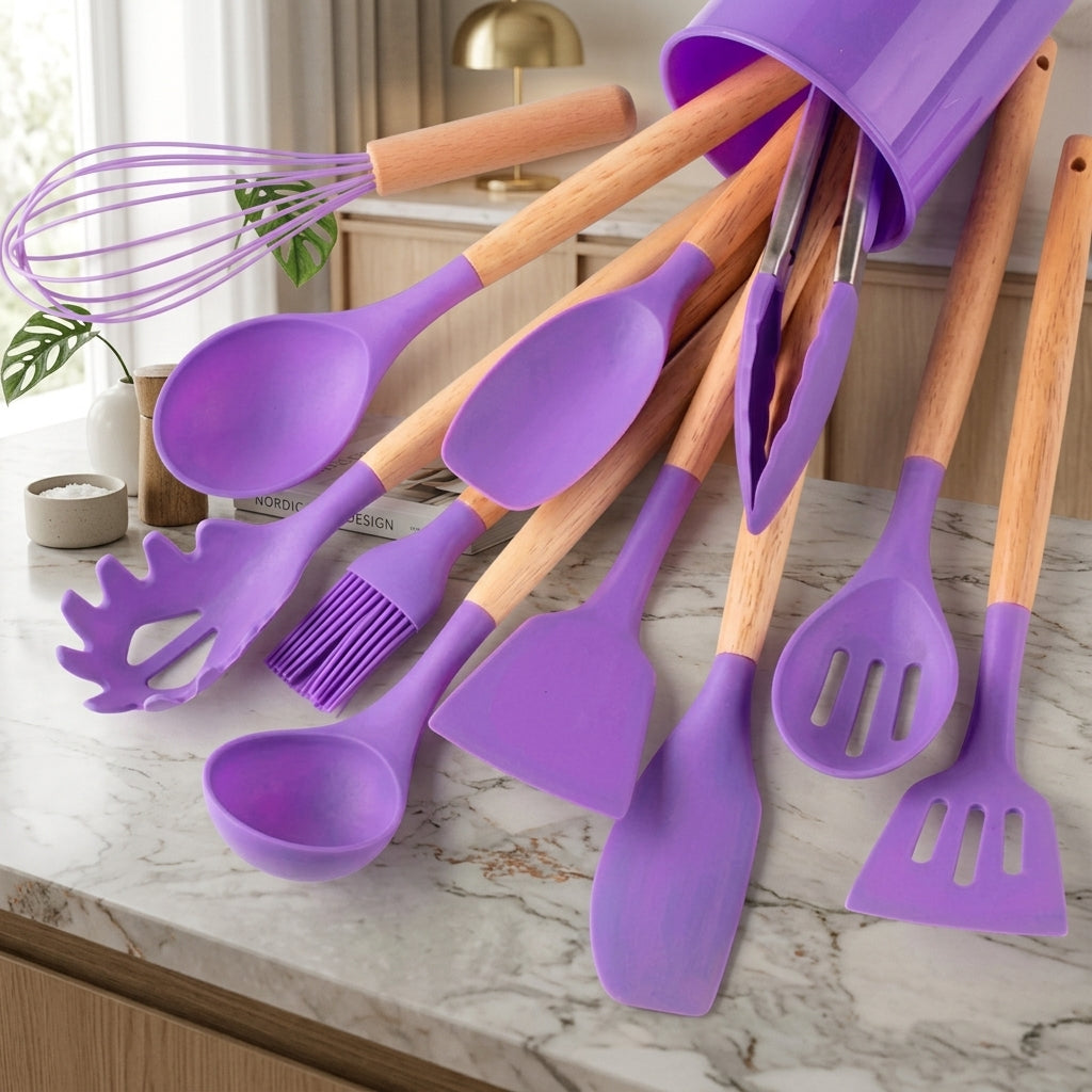 Set 12 Pezzi Utensili da Cucina Silicone Manici in Legno Resistenti al Calore | Camporosa