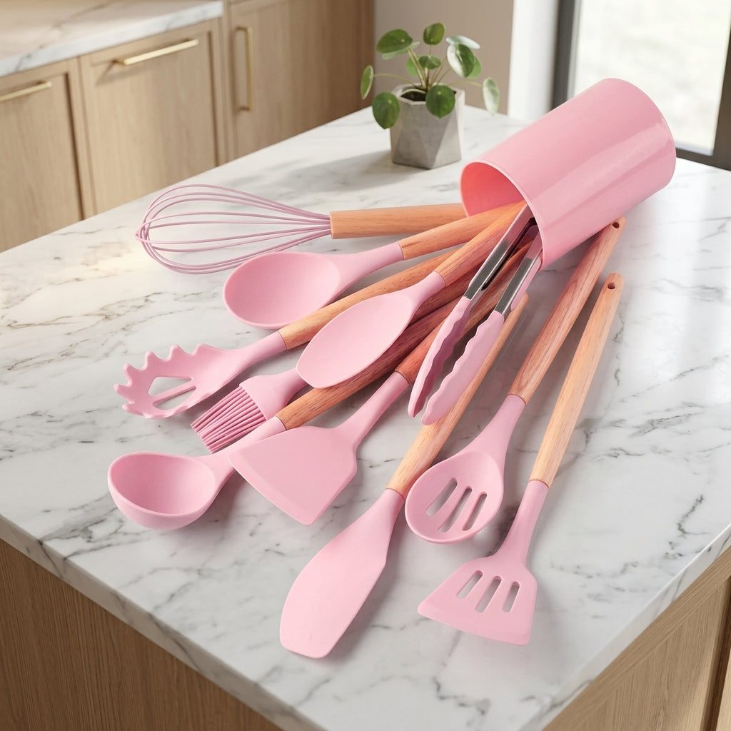 Set 12 Pezzi Utensili da Cucina Silicone Manici in Legno Resistenti al Calore | Camporosa