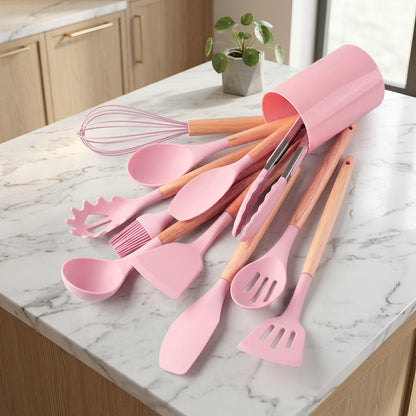 Set 12 Pezzi Utensili da Cucina Silicone Manici in Legno Resistenti al Calore | Camporosa
